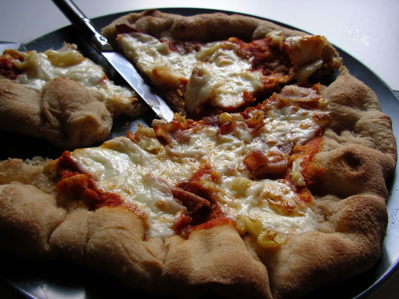 A rustic, thin crust pizza topped with cheese and ham, and burnt blisters on the crust.